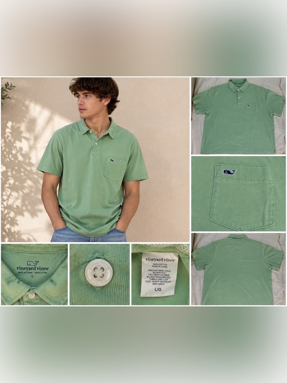 Vineyard Vines Men’s Mint Green Pocket Polo Shirt Men’s L Whale Logo Cotton